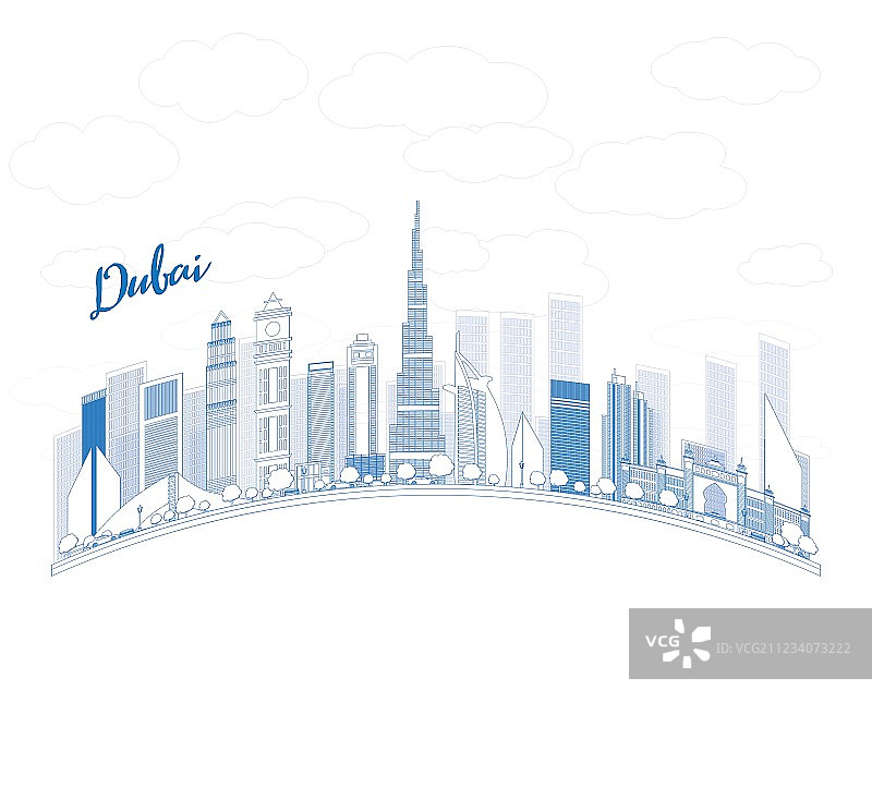 迪拜城市天际线与蓝色摩天大楼图片素材