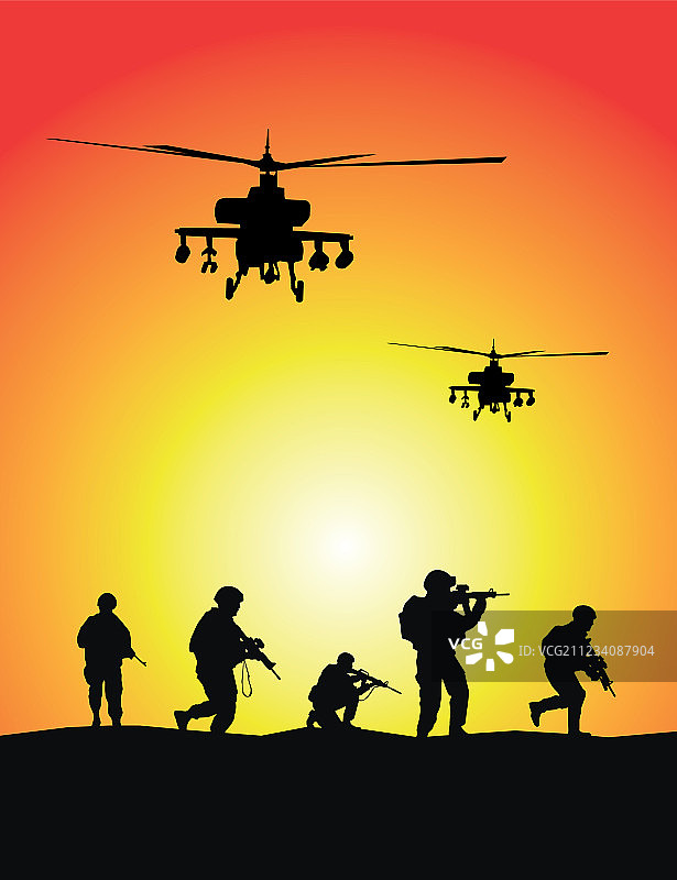 士兵与军用直升机群图片素材