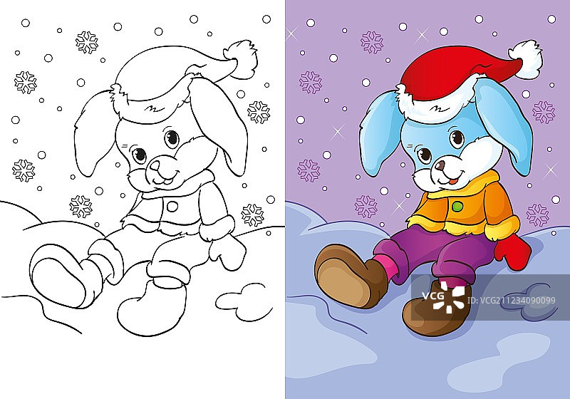 雪地里小兔子坐着的填色本图片素材