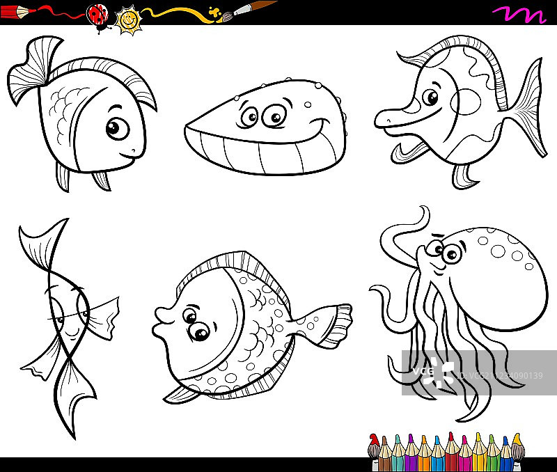 海洋动物涂色页套装图片素材