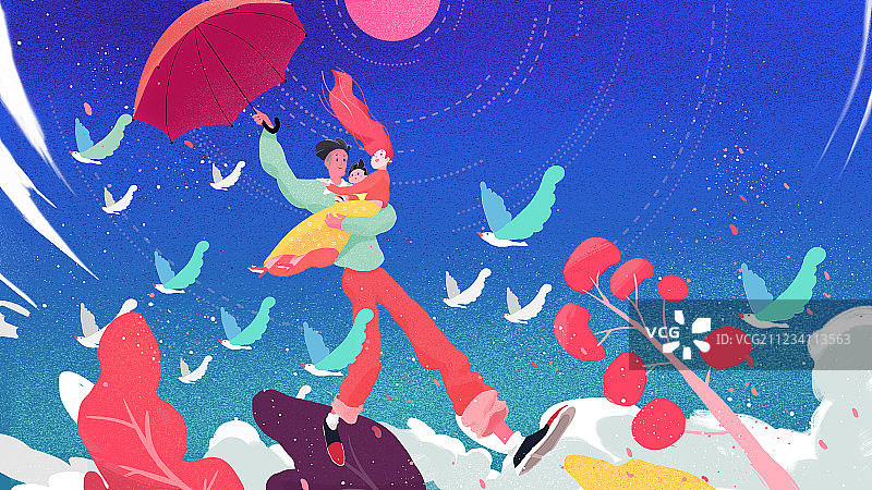 巨大的父亲举着雨伞抱着妻子儿子在空中漫步（父亲节扁平插画）图片素材