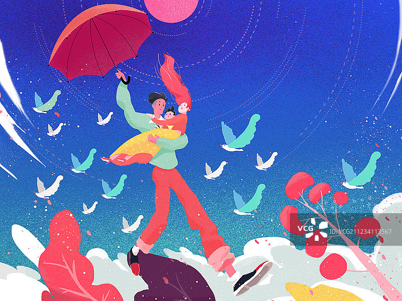 巨大的父亲举着雨伞抱着妻子儿子在空中漫步（父亲节扁平插画）图片素材