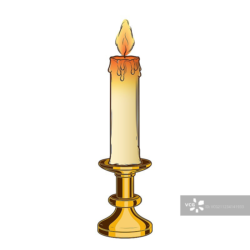 燃烧的旧蜡烛和复古黄铜烛台图片素材