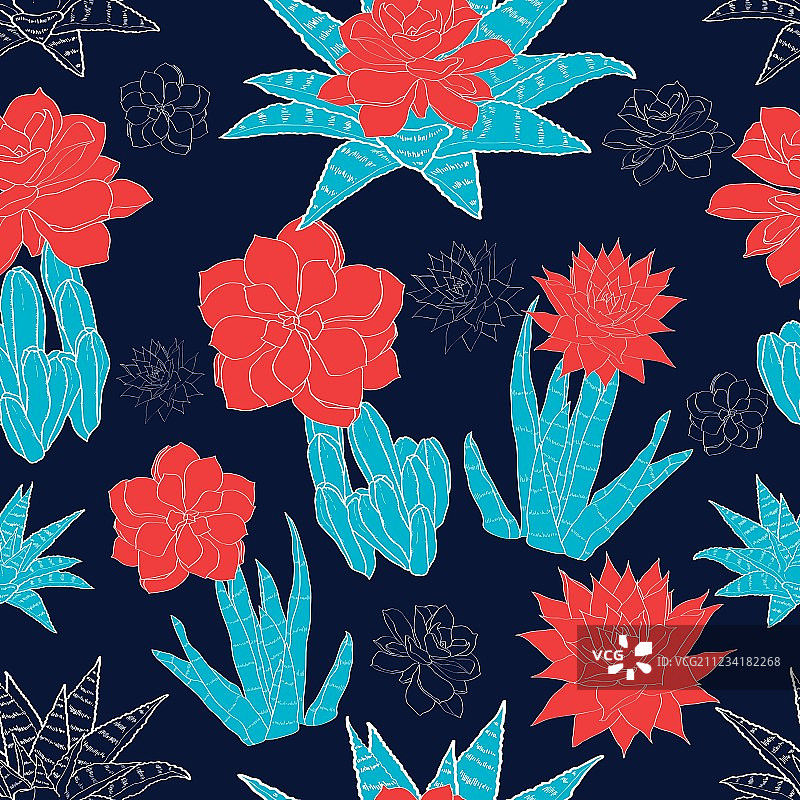 夜间沙漠仙人掌花卉无缝图案图片素材