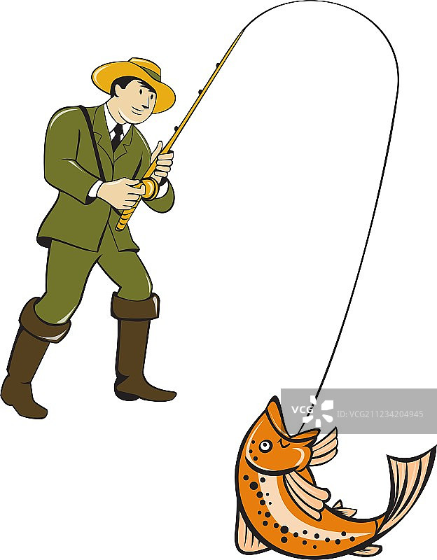 卡通钓鱼人钓鳟鱼图片素材