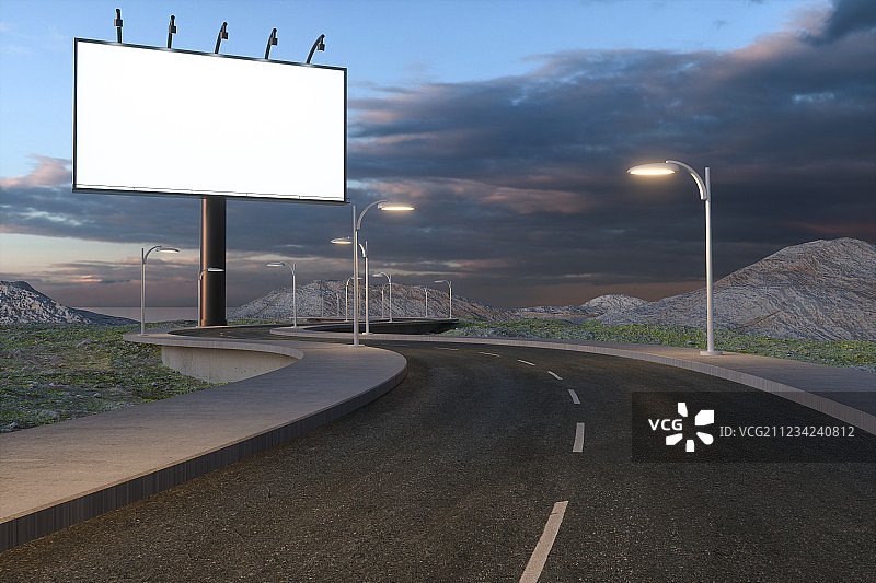 弯曲的沥青道路与大型广告牌，三维渲染图片素材