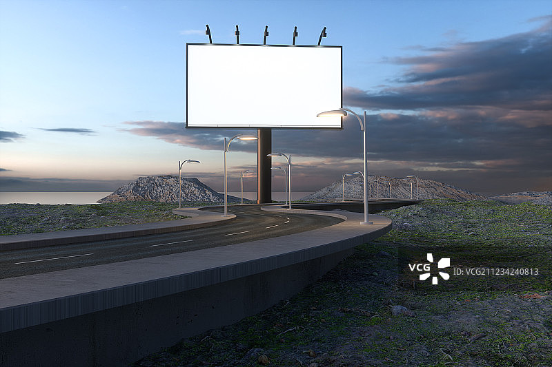 弯曲的沥青道路与大型广告牌，三维渲染图片素材