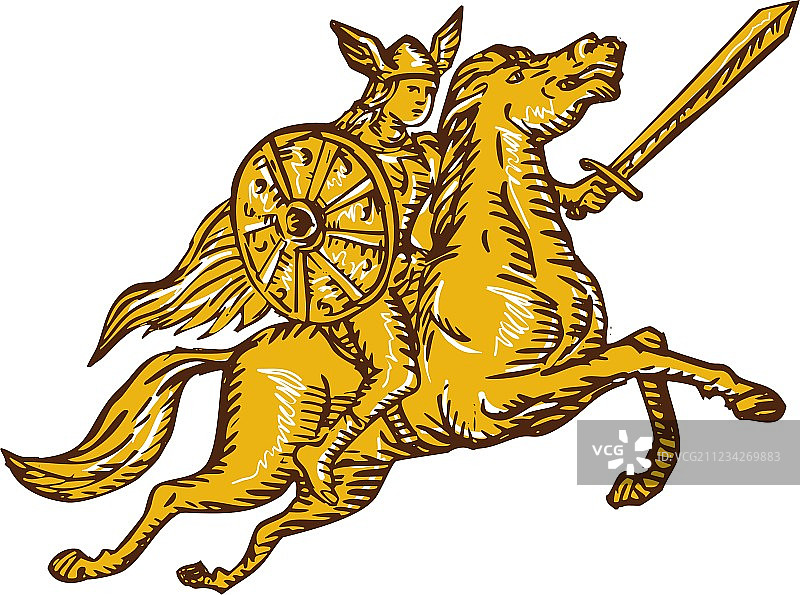 骑马挥剑的女武神战士蚀刻图片素材