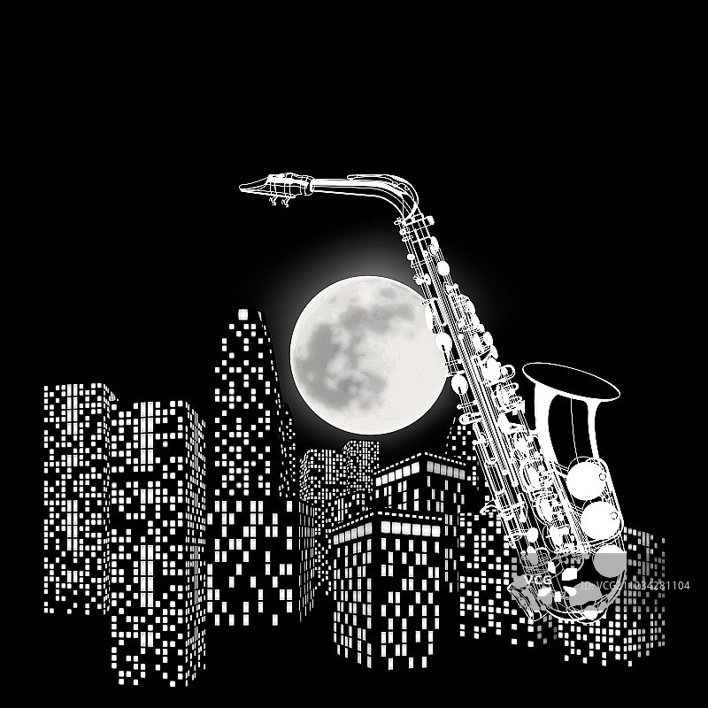 月亮和城市背景上的萨克斯管图片素材