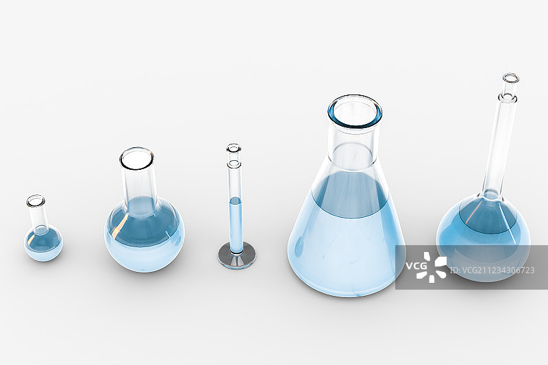 化学器皿与蓝色液体，三维渲染图片素材