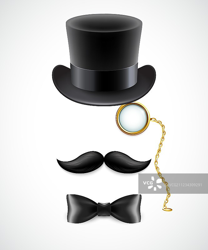 复古的礼帽、胡子和单片眼镜剪影图片素材