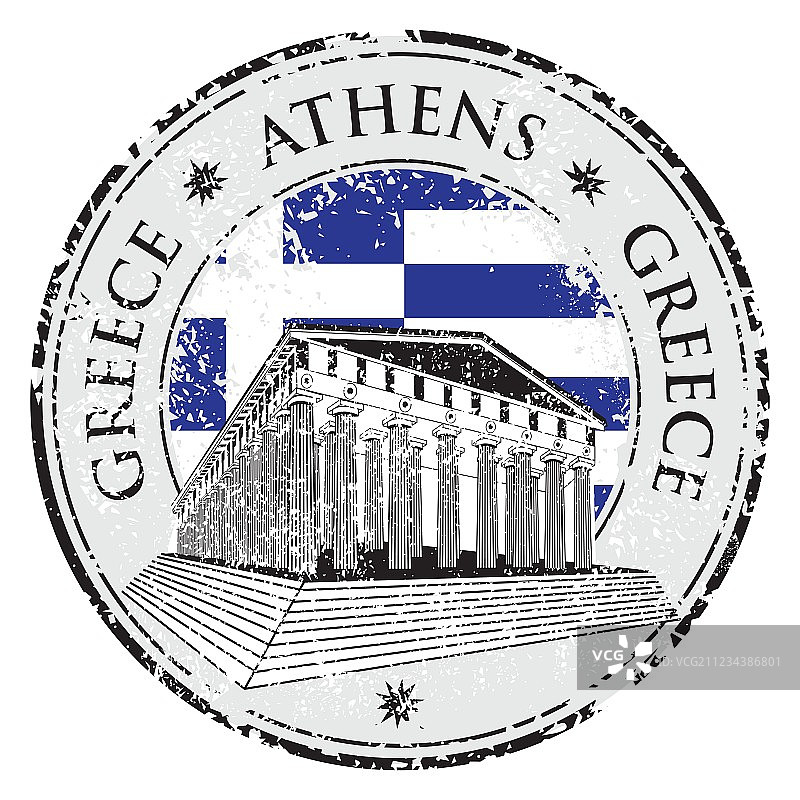 带有帕特农神庙形状的蓝色复古橡胶印章图片素材