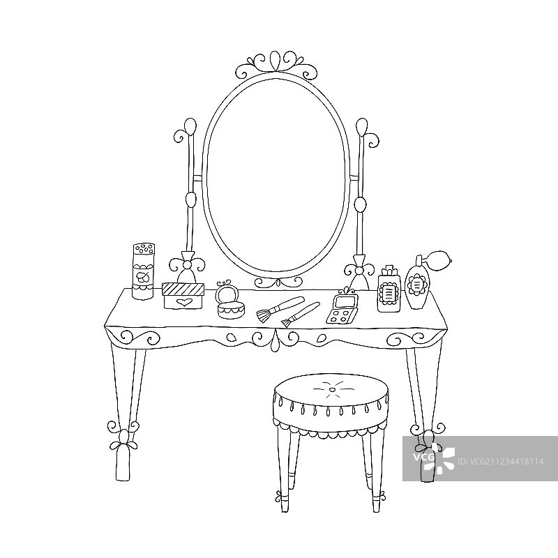 带化妆品和椅子的梳妆台图片素材