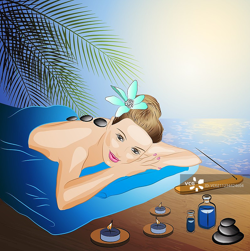 女士享受热石按摩卡通图片素材