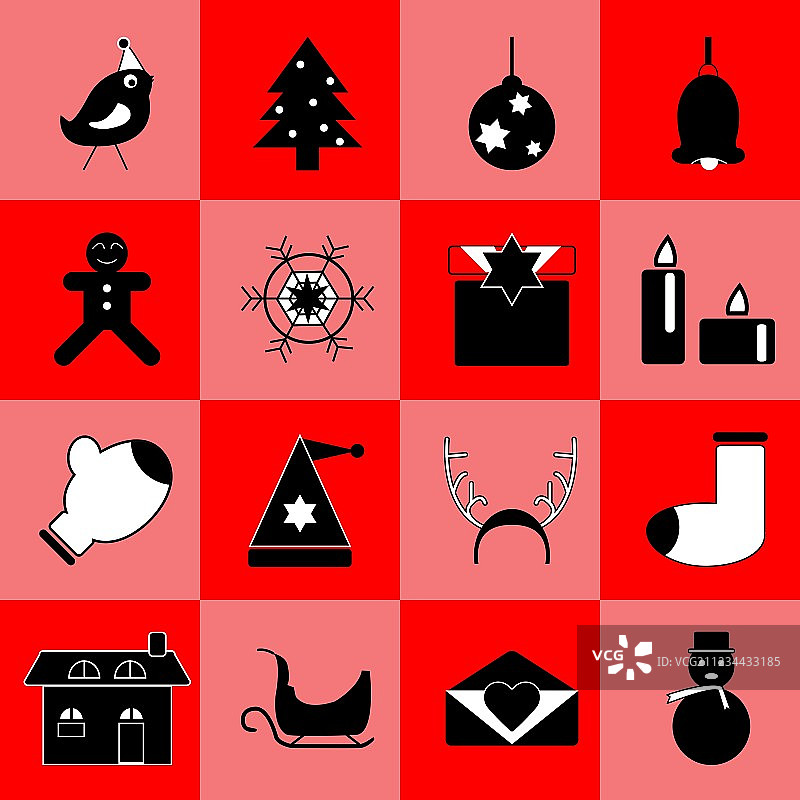 红色背景上的圣诞节黑色图标图片素材