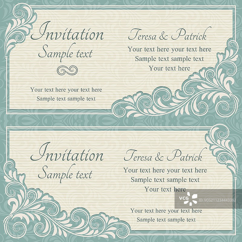 蓝色和米色巴洛克风格婚礼请柬图片素材