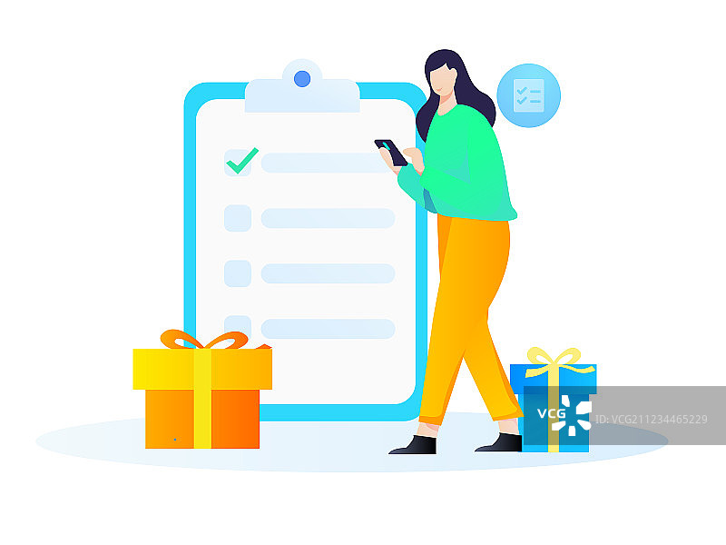 女孩通过手机进行有奖问卷调查，矢量扁平概念插画图片素材