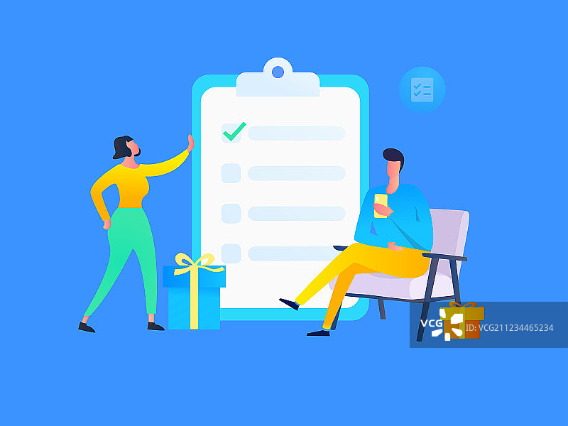 科技版男女通过手机进行有奖问卷调查，矢量扁平概念插画图片素材