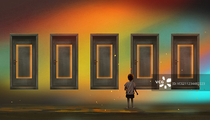 一个孩子站在五扇门前正在思考 男孩在人生的岔路口门与选择的意图片素材