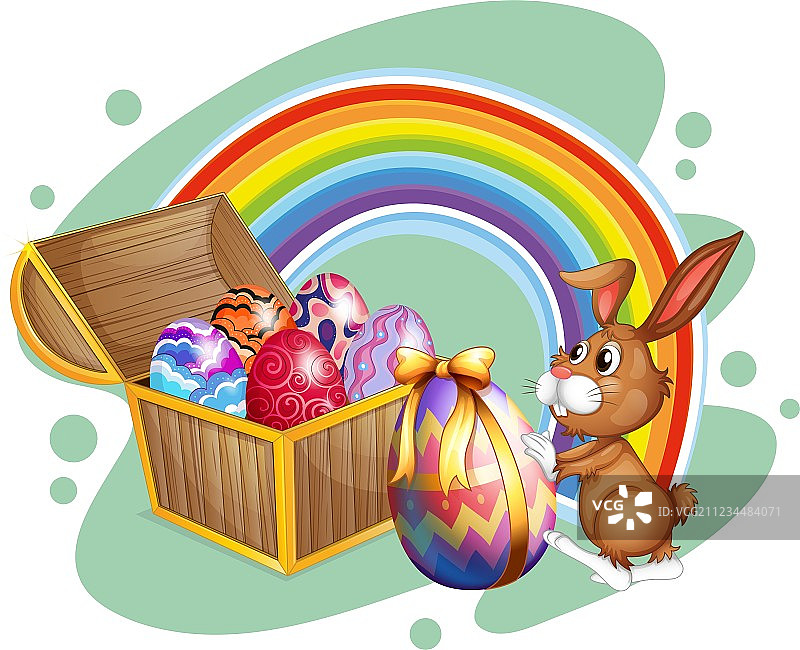 复活节兔子和装满彩蛋的箱子图片素材