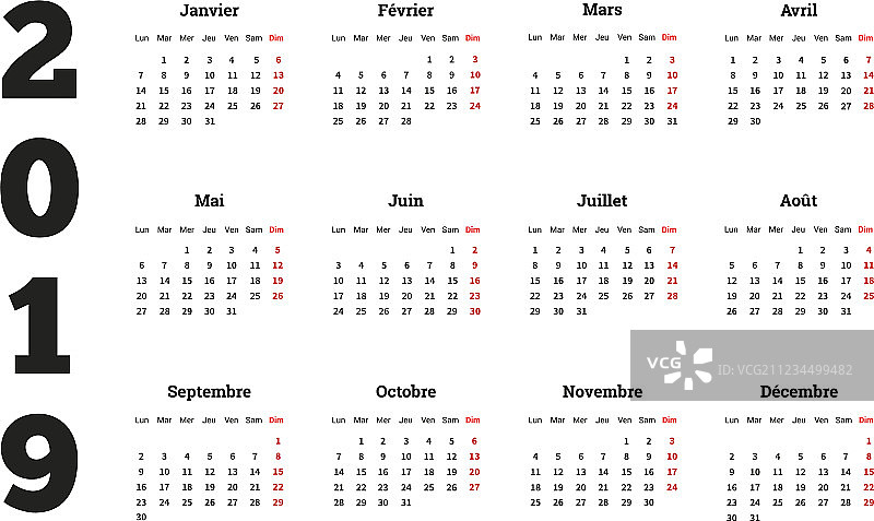 法语版2019年简约日历图片素材