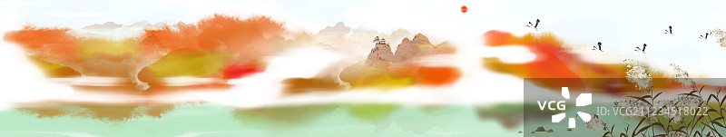 中国风水墨风格古典诗词意境插画秋季风景山水画全景图片素材