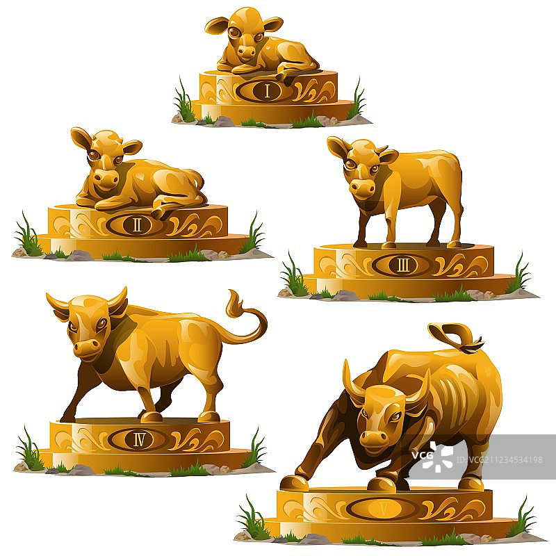 五个金色公牛和鹿的小雕像图片素材