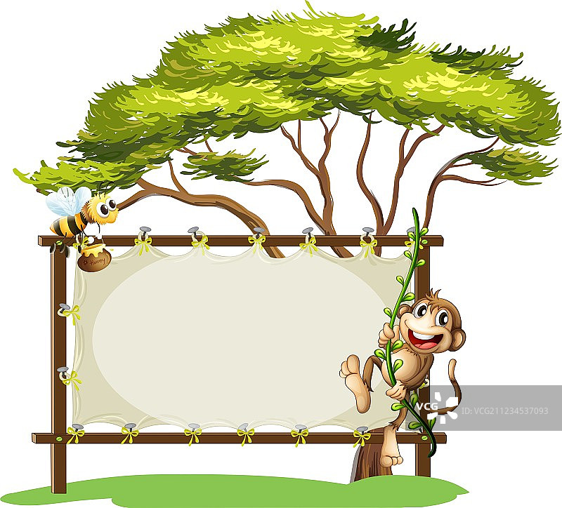 猴子和蜜蜂在空标牌旁图片素材