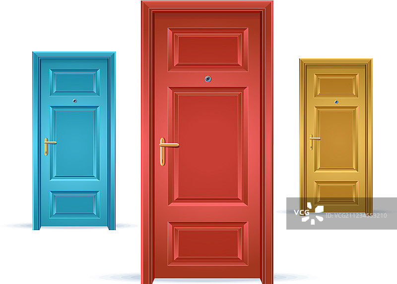 三个蓝、红、黄色门图片素材