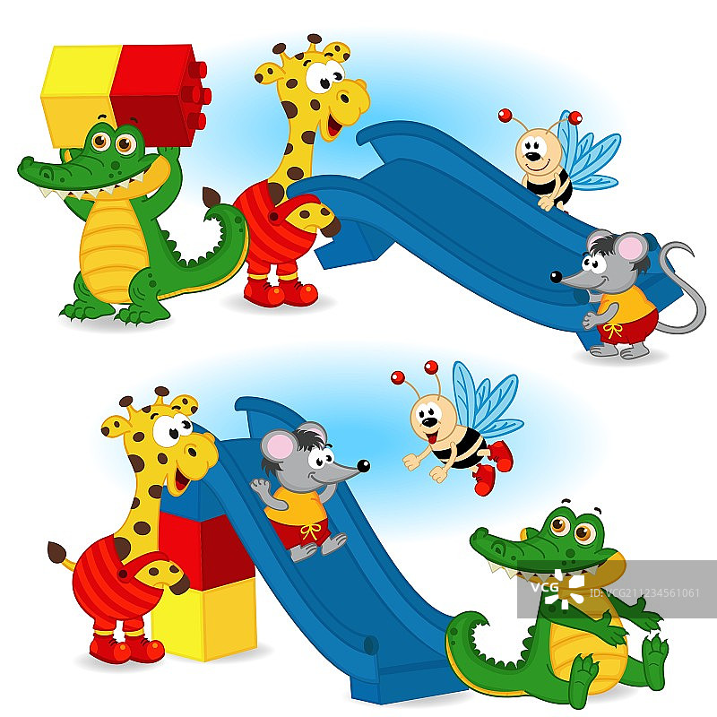 动物用塑料积木搭建滑梯图片素材