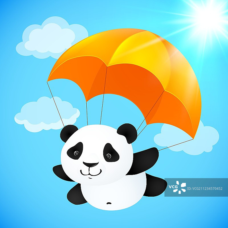 有趣的可爱熊猫用橙色降落伞飞行图片素材