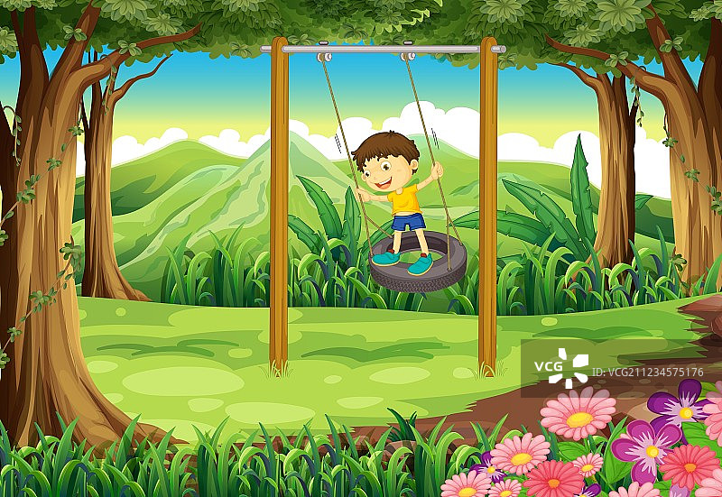 玩轮胎秋千的小男孩图片素材