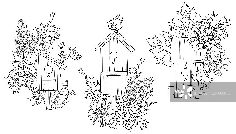 手绘涂鸦春季鸟巢箱轮廓图片素材