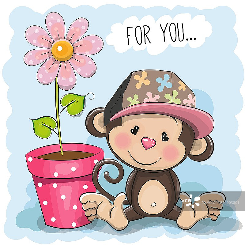 带有鲜花图案的可爱卡通猴子贺卡图片素材