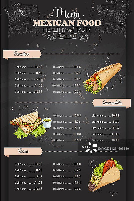 手绘竖版彩色墨西哥美食菜单图片素材