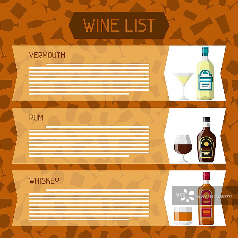 酒水饮料单或酒单，瓶装玻璃杯图片素材