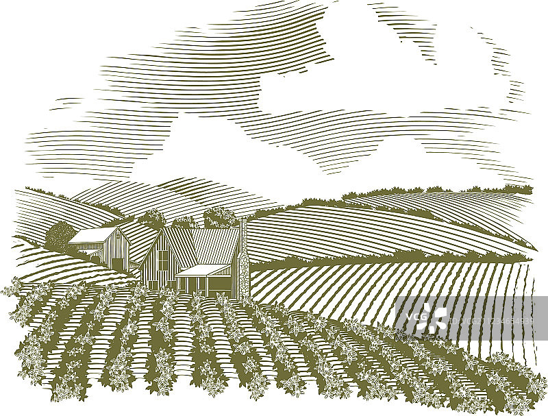 乡村农舍木刻图片素材