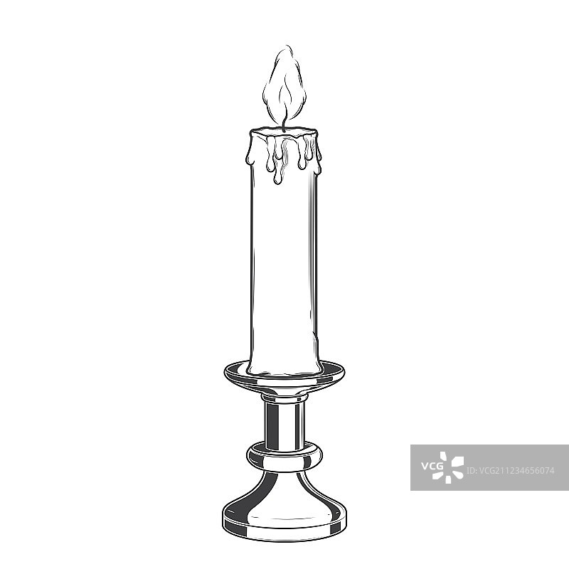 燃烧的旧蜡烛和复古烛台图片素材