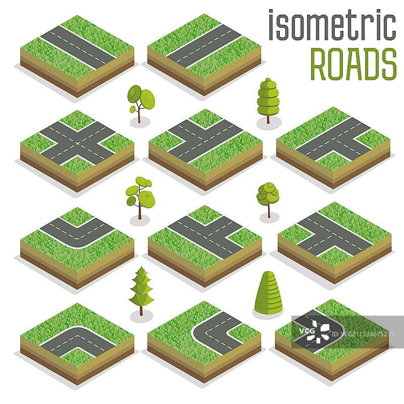 2.5D城市道路元素与树木图片素材