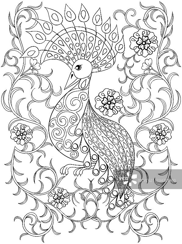 花丛小鸟禅绕画涂色页图片素材