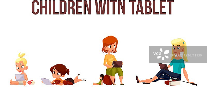 儿童玩手机或平板电脑图片素材