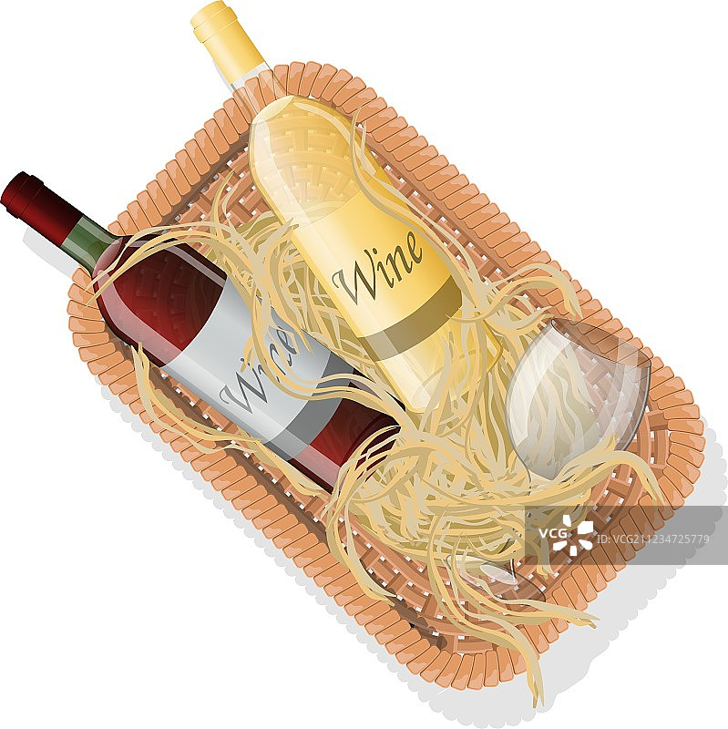 野餐篮和红白葡萄酒瓶图片素材