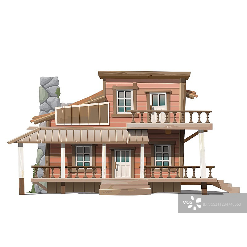 带石头烟囱的双层木制小屋图片素材