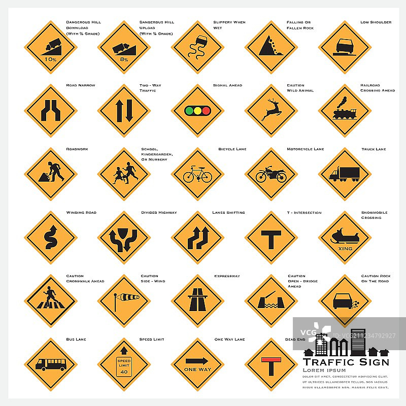 道路和街道警告交通标志图标集图片素材