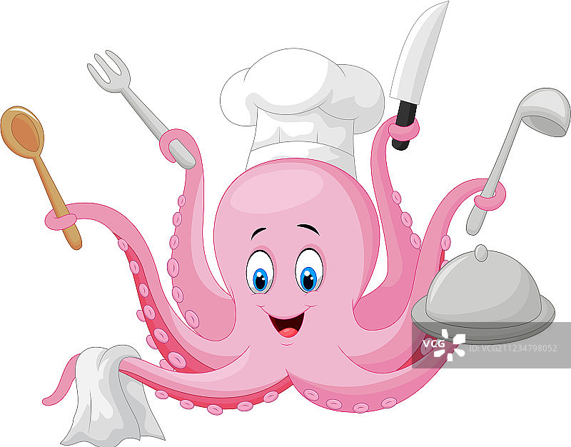 卡通章鱼厨师拿着烹饪工具图片素材