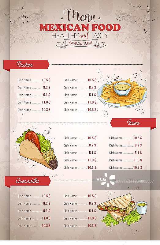 手绘竖版彩色墨西哥美食菜单图片素材