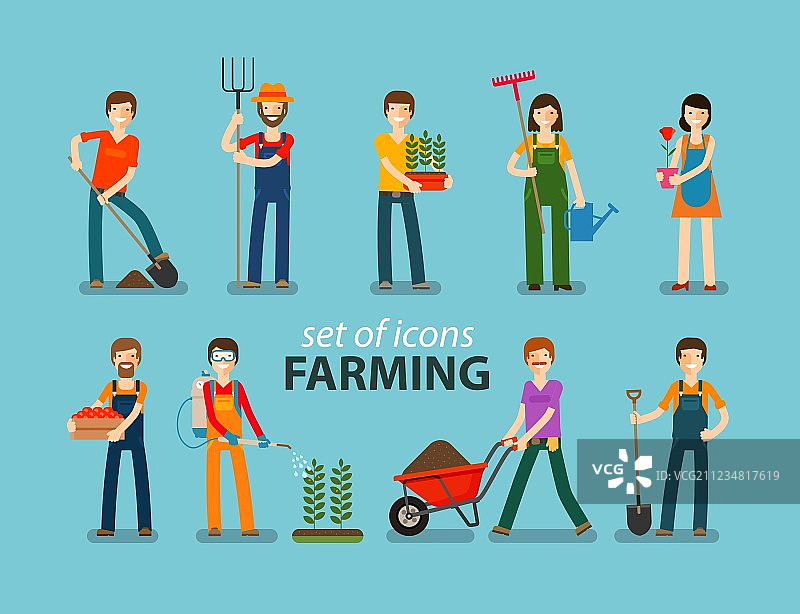 农业和园艺图标集，人们在工作图片素材