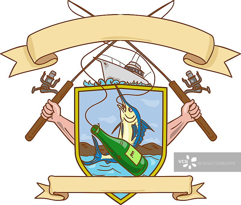 钓鱼竿、鱼线轮、钩子和大马林鱼图片素材