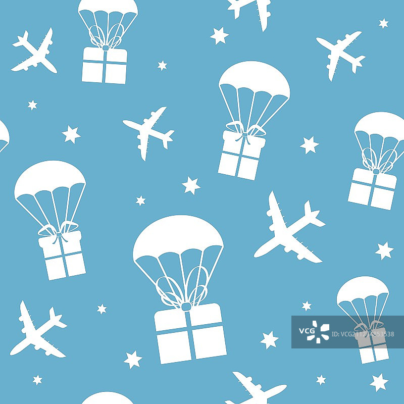 卡通飞机和带礼品盒的降落伞图片素材