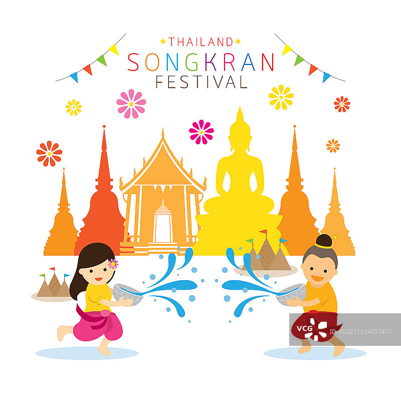 泼水节小孩在寺庙玩水图片素材